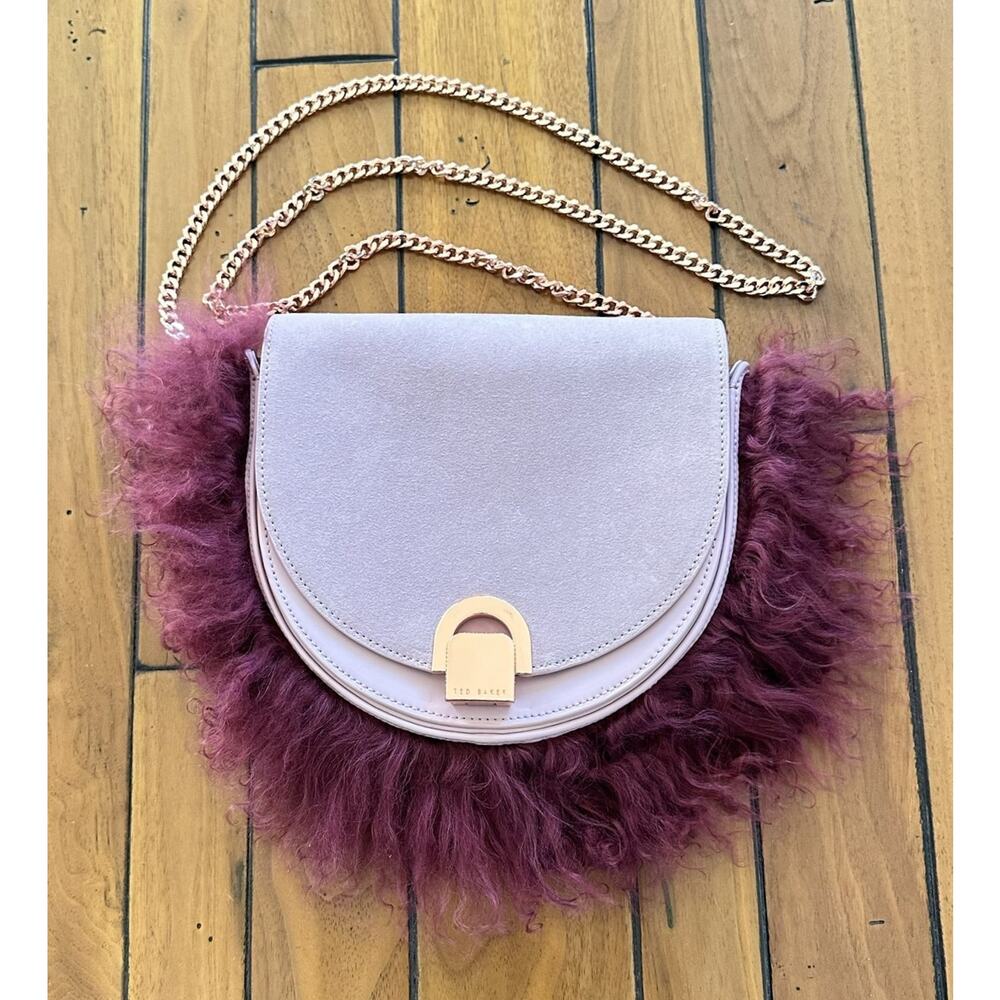 Ted Baker Suede Moon Purse Dust Pink with Fur Rose Gold Chain Strap